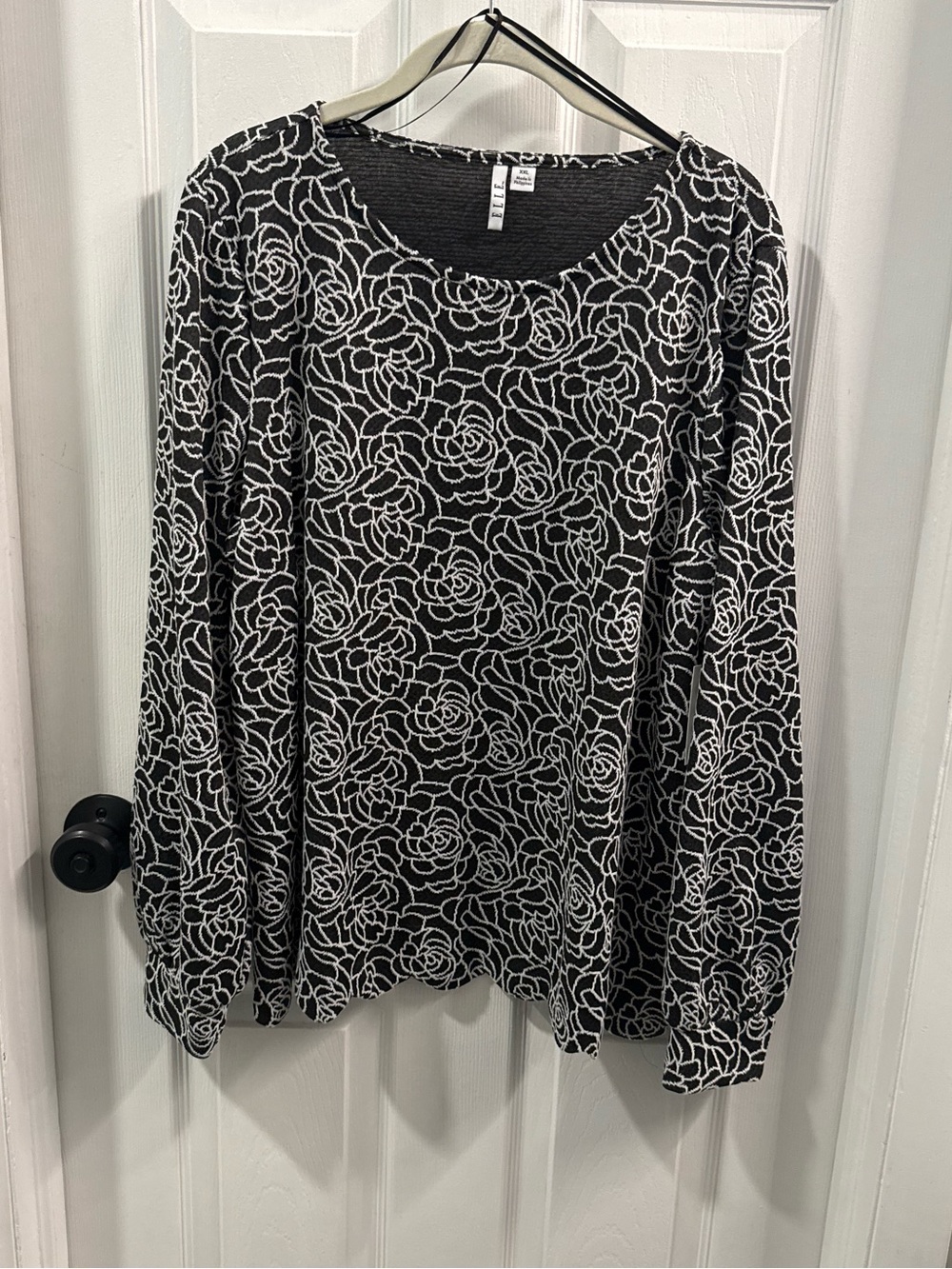 Elle Black Long Sleeve Top with White Floral Outline